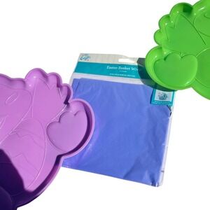 Easter Chick Plastic Serving Trays Green Purple and Purple Basket Wrap Bundle